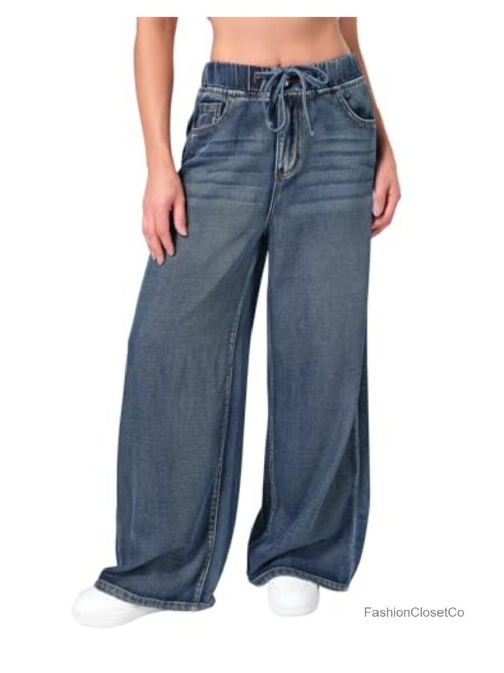 Wide Leg Jeans with Drawstring High Rise Pants Lounge Denim